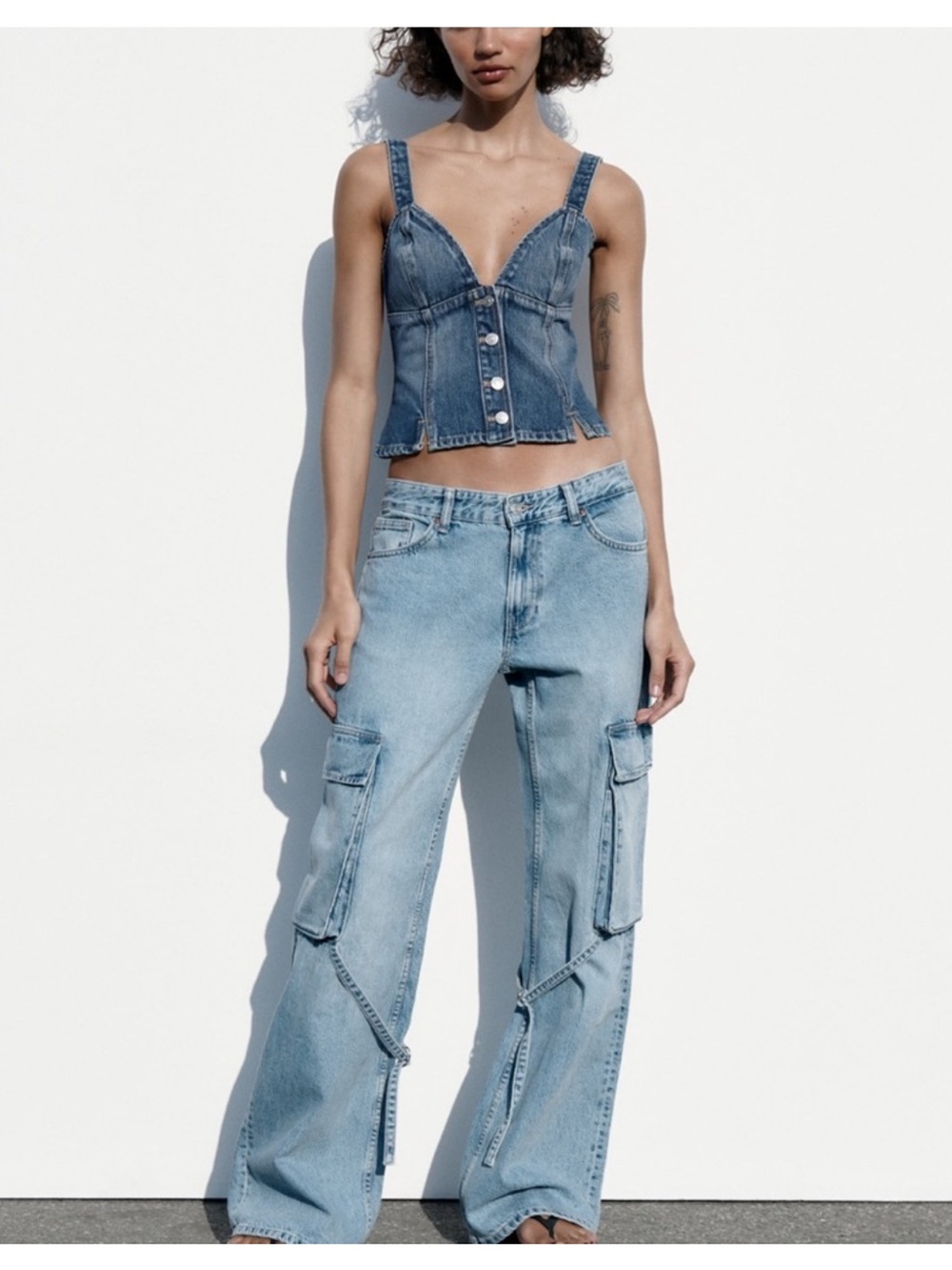 Zara Cargo Strap Jeans Womens 8 Utility Grunge Skater Indie Baggy Moody Boho